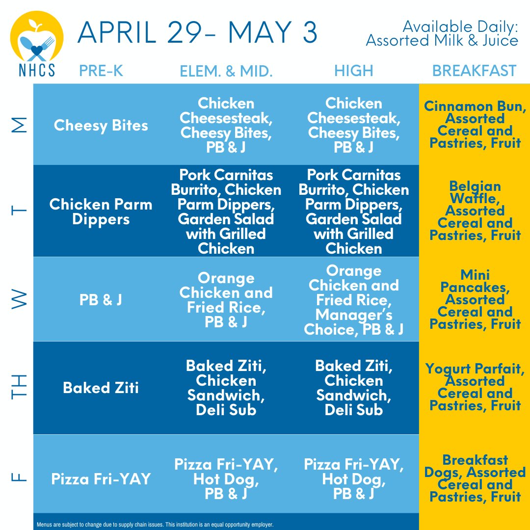 Bite into brilliance with our delicious #SchoolMeals! 😋

Please see our complete menu on our website: nhcschildnutrition.com/index.php?sid=…

*Menus are subject to change due to supply chain issues. Thank you for your patience and understanding!

@NewHanoverCoSch #NewHanoverNC #NewHanover