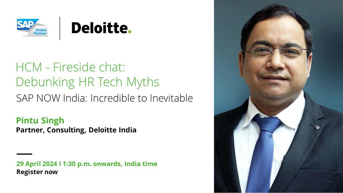 Pintu Singh, Partner, Consulting, Deloitte India, will take part in the fireside chat on "Debunking HR Tech Myths."

Register now: deloi.tt/49VXyS9

Date: 29 April 2024
Venue: Jio World Convention Centre, BKC, Mumbai

#SAP #Cloud #DigitalTransformation #Consulting