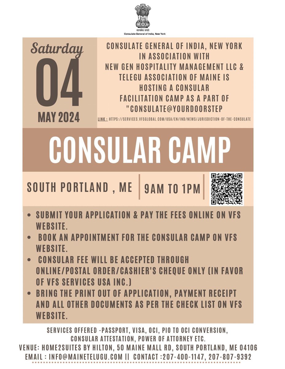 Consulate@Your Doorstep! #ConsularCamp Consular Facilitation Camp at South Portland, ME on May 04, 2024 between 9:00 am to 1:00 pm. For more information : services.vfsglobal.com/usa/en/ind/new… @MEAIndia @IndianEmbassyUS @IndianDiplomacy