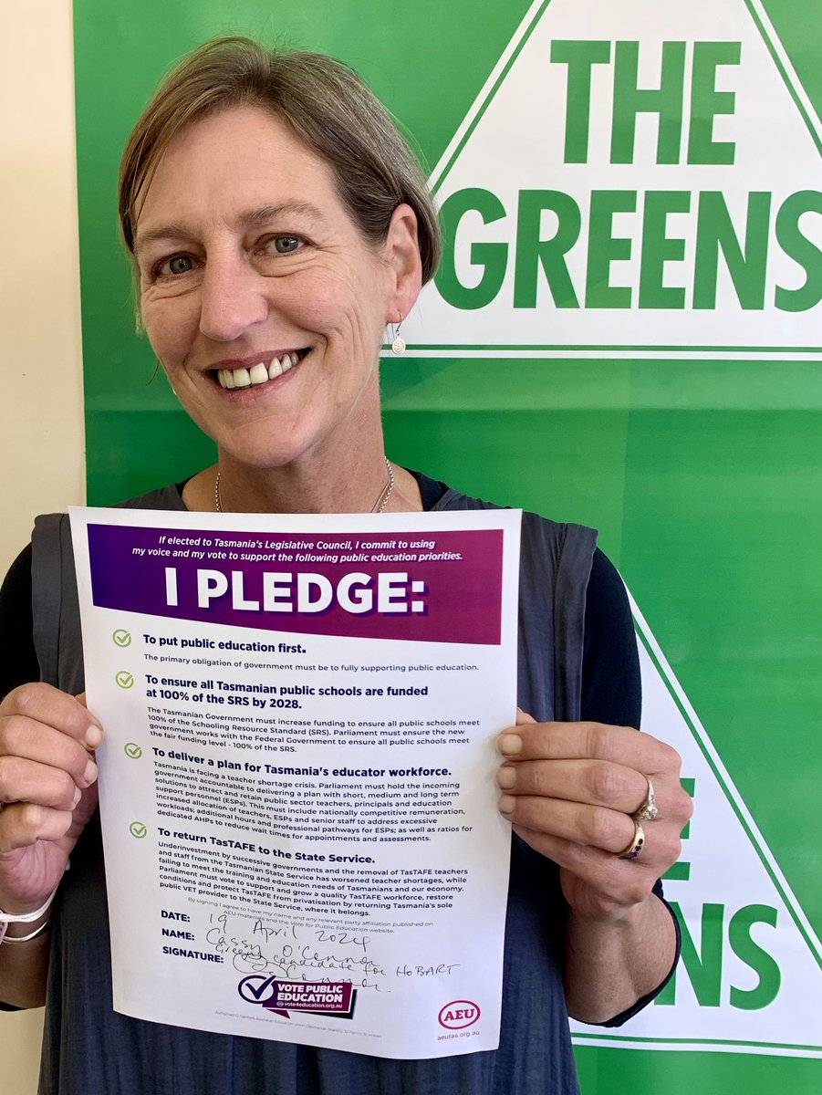 Proud to support the @aeutasmania public education pledge. Hope all LegCo candidates do the same. ✅ Put public education first ✅ All Tas public schools properly funded by 2028 ✅ Deliver a plan to tackle workforce shortages ✅ Return TasTAFE to the State Service #politas