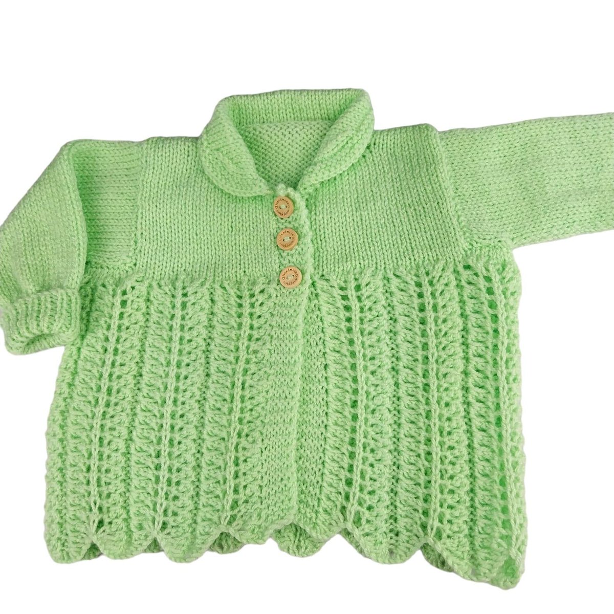 Celebrate the arrival of a newborn with this light green baby cardigan. Perfect for 0-3 months, the unisex design features a charming feather and fan pattern. Ideal for a baby shower gift. knittingtopia.etsy.com/listing/166477… #knittingtopia #etsy #giftsforbaby #craftbizparty #MHHSBD