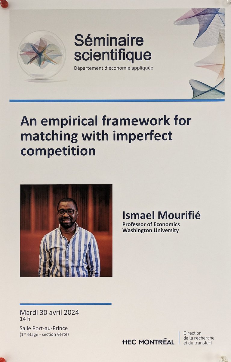 HEC Montréal-Économie appliquée/Applied Economics (@ecoahec) on Twitter photo Nous sommes ravis d'accueillir le Professeur Ismael Mourifie (<a href="/IMourifie/">Ismael Mourifié</a>) de @WUSTL en tant que conférencier invité lors de notre séminaire le 30 avril. Le Professeur Mourifie présentera sa recherche sur "An empirical framework for matching with imperfect competition". Nous sommes ravis d'accueillir le Professeur Ismael Mourifie (<a href="/IMourifie/">Ismael Mourifié</a>) de @WUSTL en tant que conférencier invité lors de notre séminaire le 30 avril. Le Professeur Mourifie présentera sa recherche sur "An empirical framework for matching with imperfect competition".