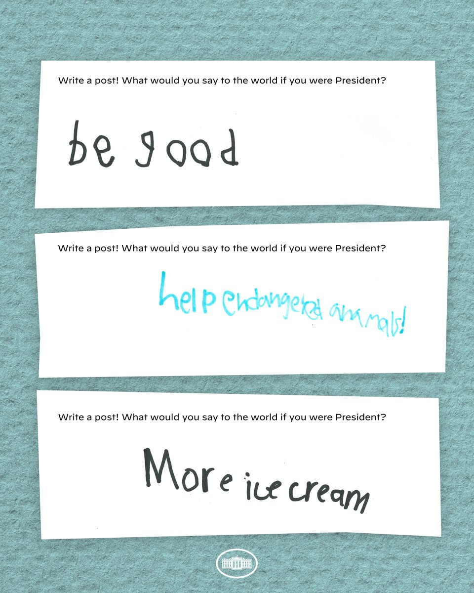 POTUS46Archive's tweet photo. Today was Take Your Child to Work Day at the White House and a few future presidents let me know what they’d like to tell the world.
 
They had me at ice cream breakfast for all. https://t.co/pYWR7INlCX