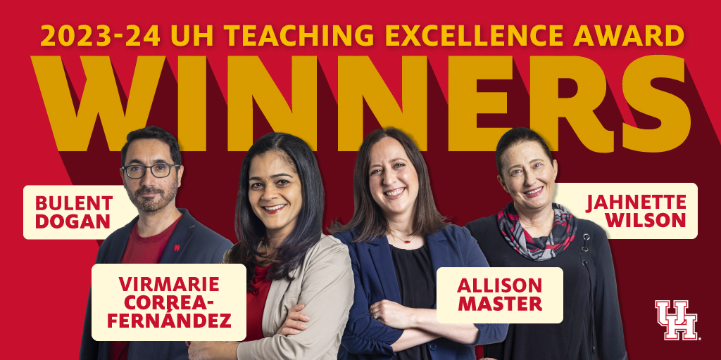 Kudos to our UH Teaching Excellence Award winners for 2023-24! Virmarie Correa-Fernández (undergrad research mentor) @drbulentdogan (innovation in instructional tech) @AllisonMaster (teaching excellence) @jahnettewilson (instructional/clinical category) Awarded by @uhprovost
