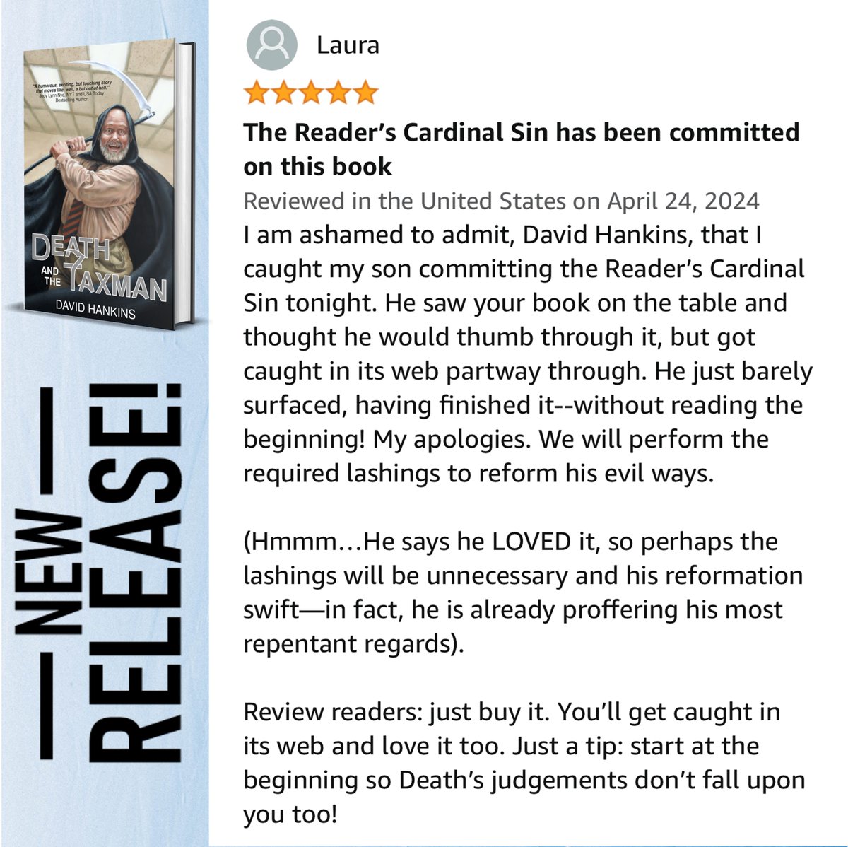 Bwahahaha!! Absolutely loved this review that popped up today for Death and the Taxman.

Get your copy here:
books2read.com/deathandthetax…

#deathandthetaxman #bookreview #humor #newrelease #newreleasebooks #newbookalert #dyinglaughing #readingtime #readingisfun #readinglist #hilarious