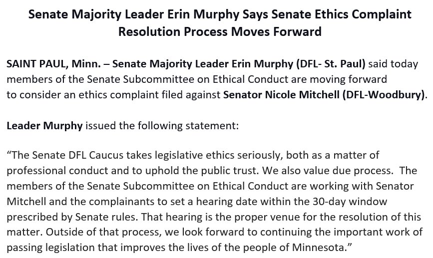 Release: Senate Majority Leader Erin Murphy said today members of the Senate Subcommittee on Ethical Conduct are moving forward to consider an ethics complaint filed against Senator Nicole Mitchell. senatedfl.mn/senate-majorit…