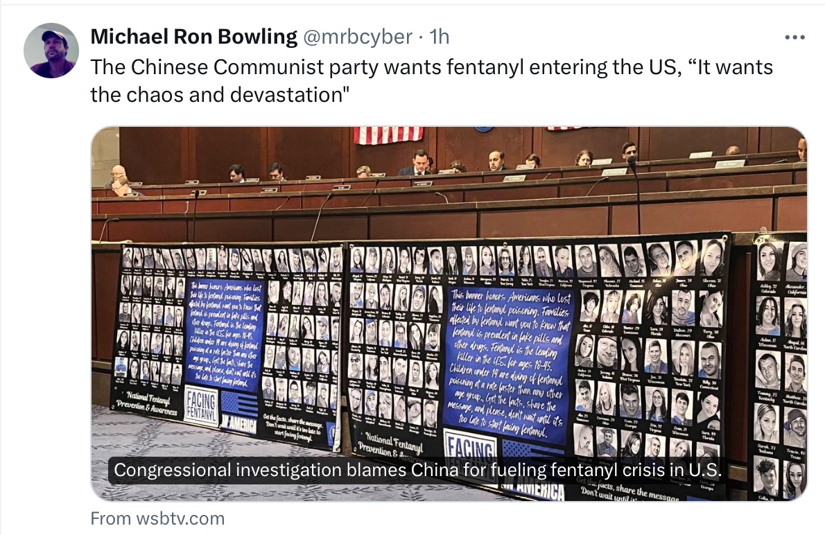 You might think the “lab leak” devotees would notice the death toll of Americans killed by China’s INTENTIONAL supply of fentanyl, and wonder if maybe Covid was also a deliberate bio attack.

Alas no, the IDIOT SAVANTS are cluelessly naive about China.

#OriginOfCovid #biowar