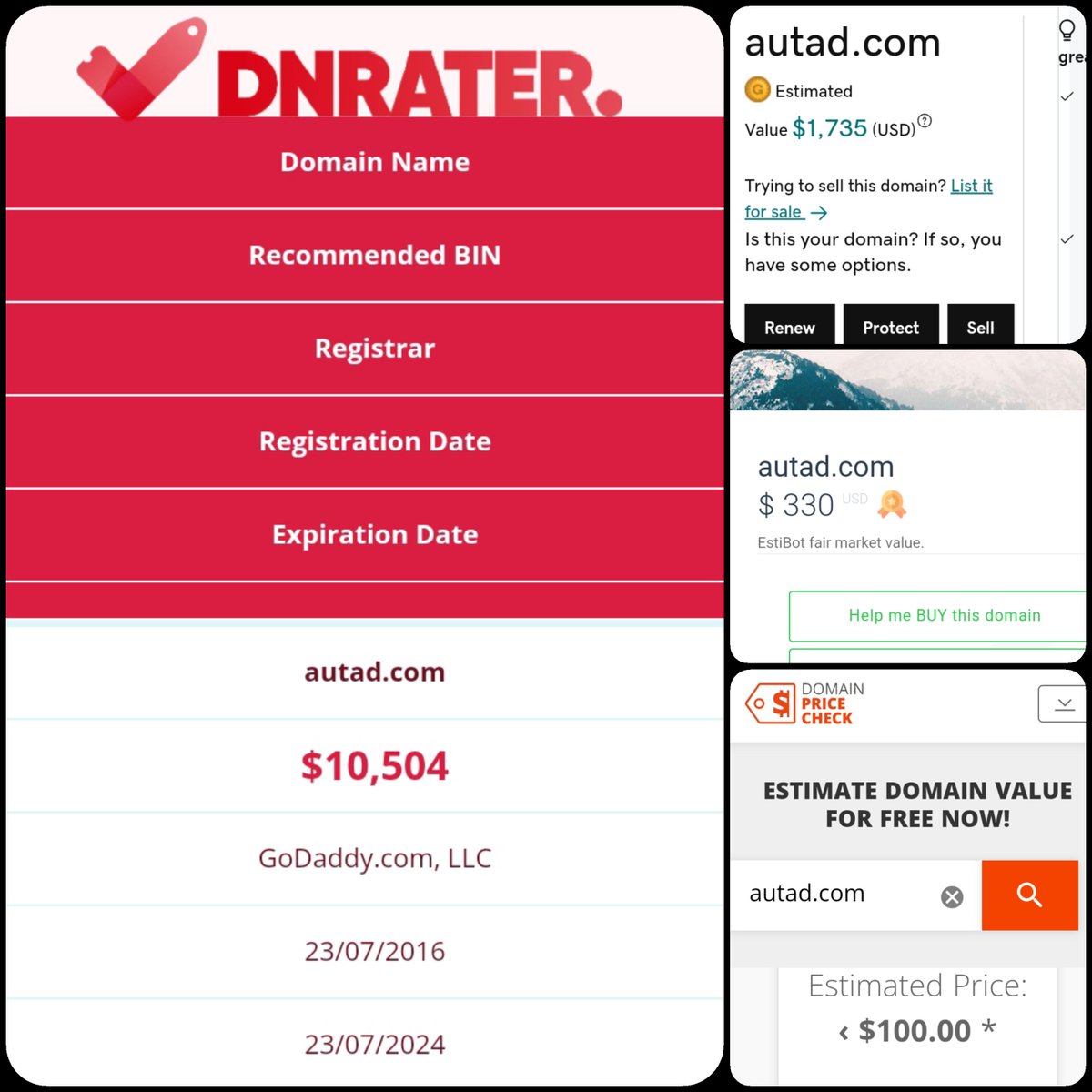 🌐 Autad .com

💰Sold Price : $14,888
✔@dnrater Recommended BIN : $10,504
✔Godaddy Estimation : $1,735
✔Estibot Valuation : $330
✔Pc domains Appraisal : <$100

📌Venue : #DomainMarket
