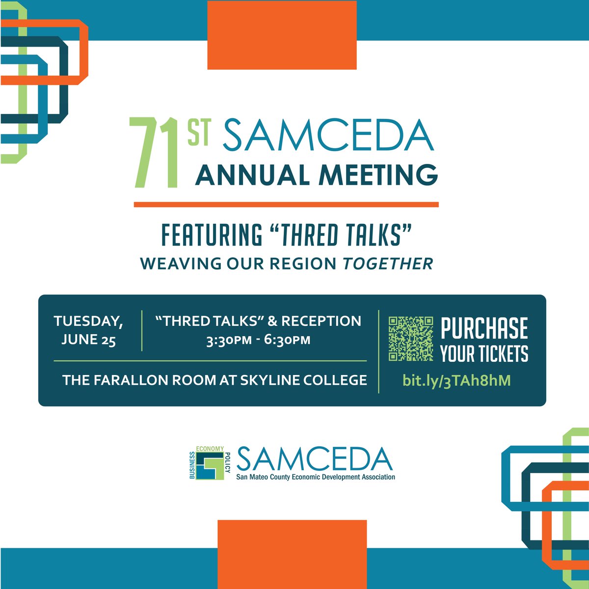 SAMCEDA's tweet image. 📣Please join us for SAMCEDA&apos;s &apos;71st Annual Meeting featuring #THREDTalks&apos;

🗓️Date: Tuesday, June 25 
⏰Time: 3:30PM - 6:30PM  
📍The Farallon Room at @skylinetrojans

➡️Learn More:bit.ly/3TAh8hM

--- 

#SAMCEDA #SanMateoCounty #BayArea