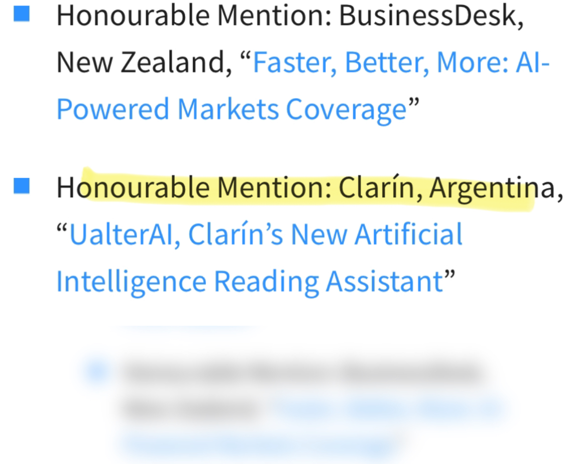 ualterAI's tweet photo. UalterAI obtiene una Mención Honorífica en los premios INMA Global Media Awards
En la competencia mundial organizada por la Internacional News Media Association (INMA), UalterAI obtuvo para Clarín, Argentina, Mención Honorífica en la categoría 'Best Use of AI in Customer-Facing Products'. 
Gracias @INMAorg