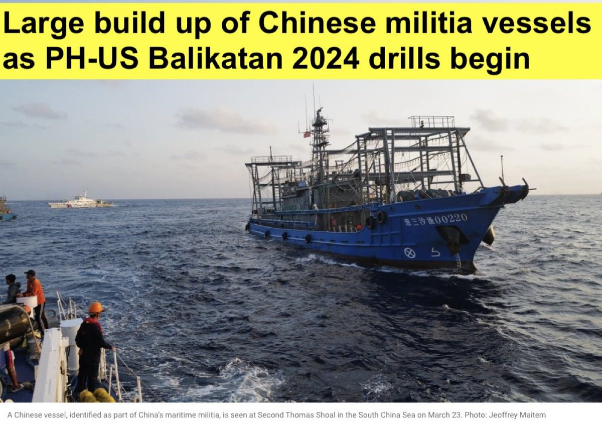 A Large build up of #Chinese 🇨🇳 militia vessels as PH-US #Balikatan2024 drills begin 

The Philippine Navy says 124 Chinese vessels have been detected in the West Philippine Sea since the military drills began on Monday

The average is 60 Chinese vessels per week