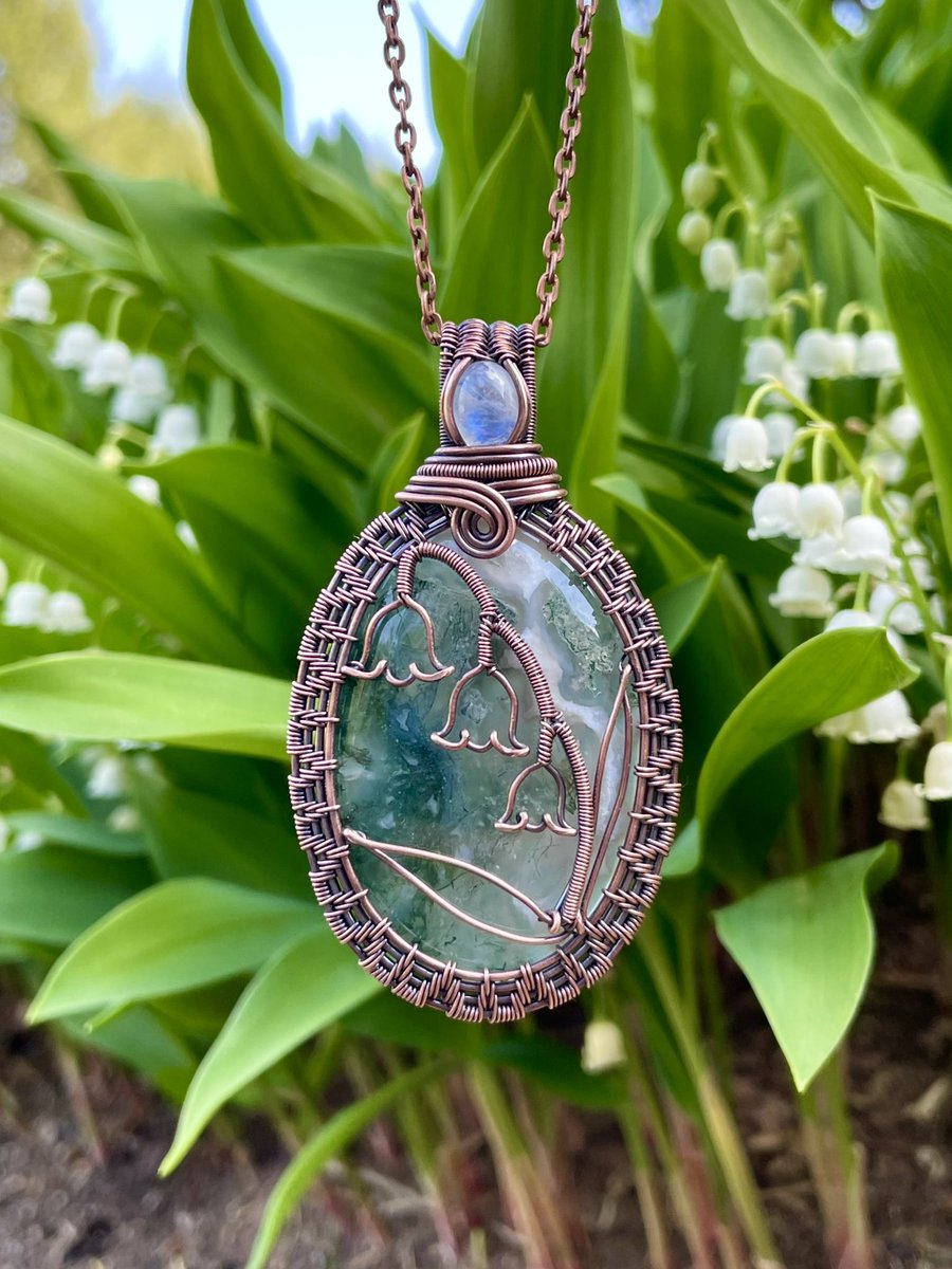 My first attempt at a lily of the valley pendant! 🌱 Made with moss agate & moonstone