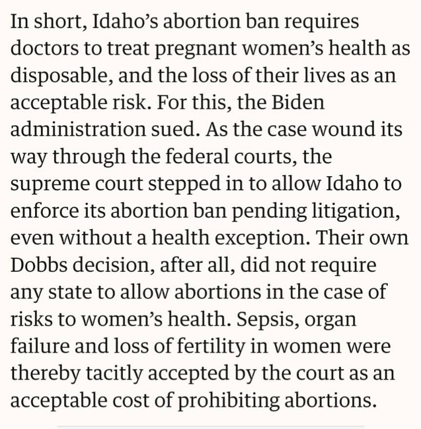 Why should any woman live in a state like Idaho? Even if you are anti-choice, if you get pregnant and your water breaks at 20 weeks, you'd have to be air lifted out of state to have the fetus removed or both of you will die. 

And not everyone can get air lifted out.