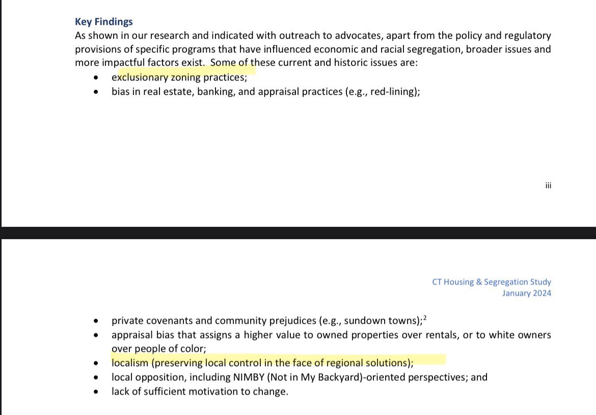 6/ the General Assembly initiated a study on segregation in CT. Not surprisingly, they found that exclusionary zoning and “localism” were massive factors.

In other words, the real-world policy outcome from “local control” has been segregation.

portal.ct.gov/datapolicy/-/m…