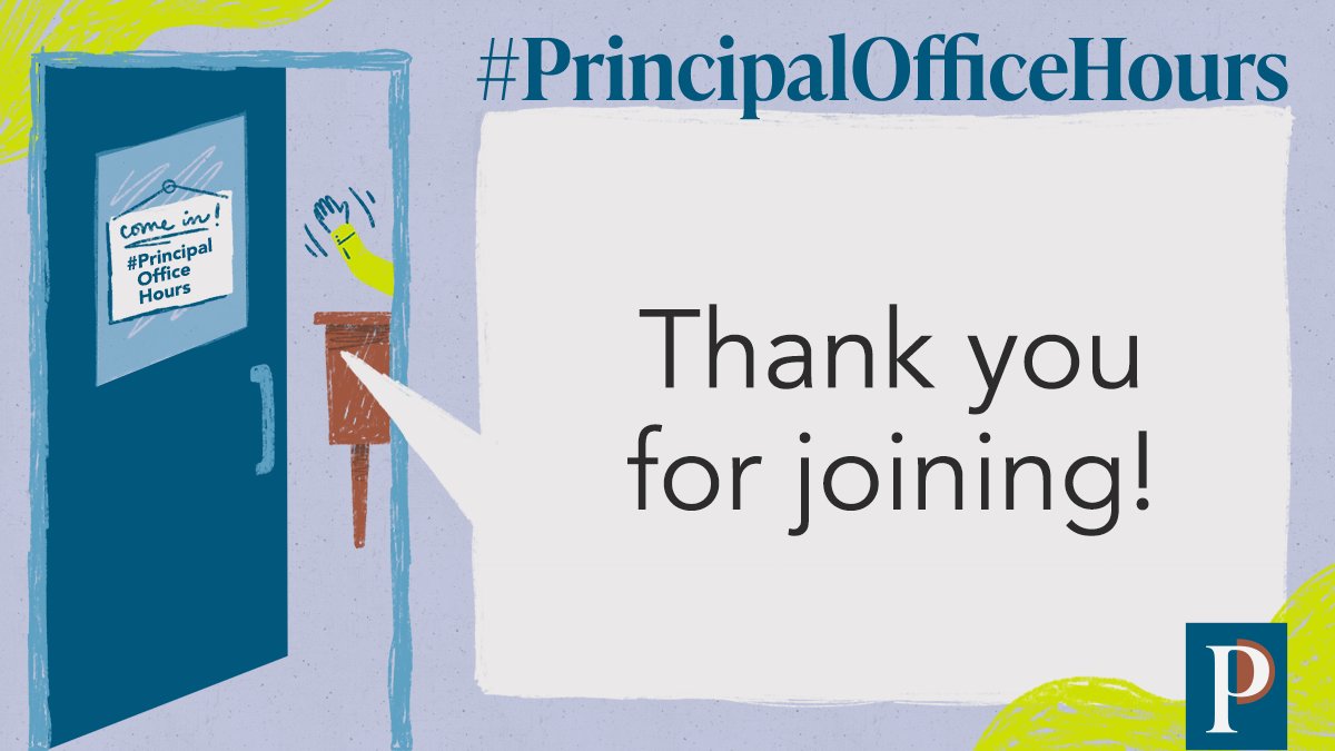 Thank you for joining #PrincipalOfficeHours – and many thanks to our amazing moderators @PrincMcDizzle and @_cwconsulting! What’s something you’d like to chat about with your colleagues this summer? Reply and let us know! ⤵⤵⤵