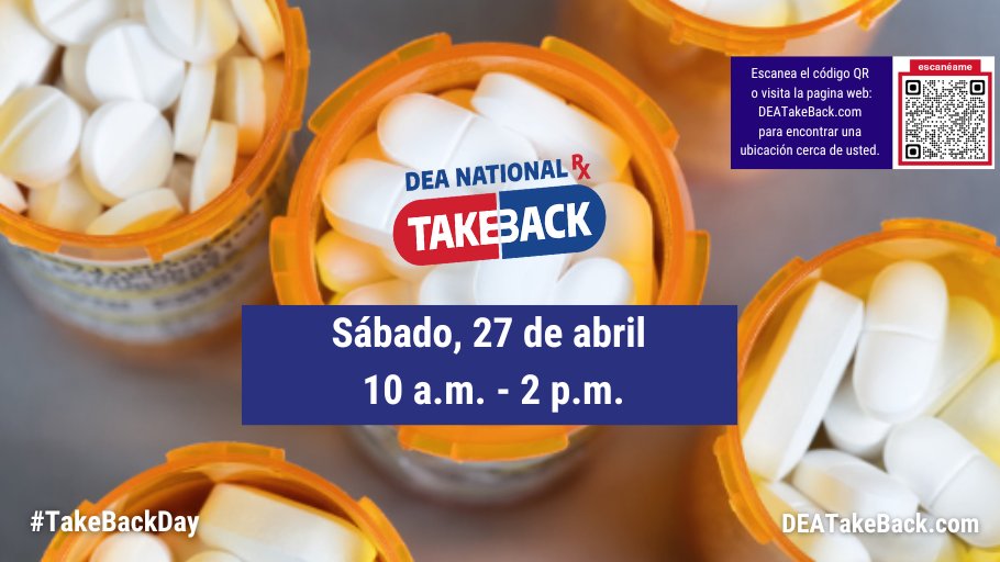 ¡Mañana es el día! Ayuda a la #DEA a mantener nuestras comunidades seguras y saludables. Con puntos de recolección en los 50 estados, ¡hay un lugar de #TakeBackDay cerca de ti! Prográmate con anticipación utilizando nuestro localizador disponible en bit.ly/3K3ieOw