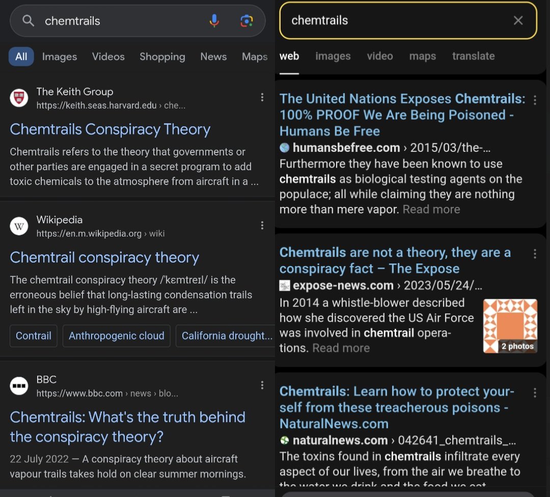 BREAKING:
Ladies & Gentlemen... A REVELATION!
I have just installed Russia's Yandex App (Russian Google)
See below a search on CHEMTRAILS on Google (left) & Yandex (Right)
Time to ditch Google Search
👇👇👇