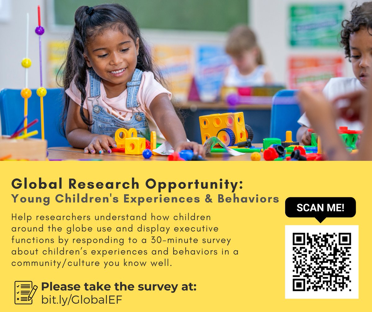 ✨Help us understand how children around the globe use and display executive functions by responding to this 30-minute survey about children’s experiences and behaviors in a community/culture you know well. Please take the survey at: bit.ly/GlobalEF✨