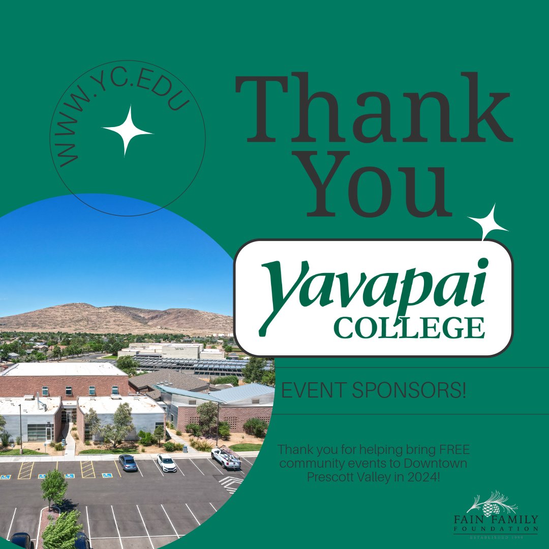 We would like to send a thank you to @yavapaicollege, one of our 2024 Town Center Event Sponsors! 

Thank you for helping to bring free community events to Downtown Prescott Valley. 🙂

#prescottevents #thingstodoprescott #thingstodoprescottvalley #yavapaicollege #ycedu