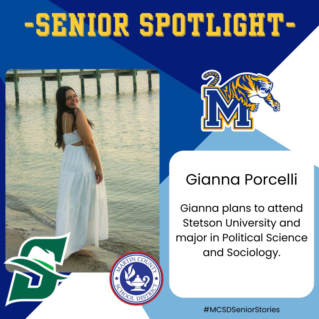 🎓#MCSDSENIORSTORIES🎓

This evening, we are shining a spotlight on @MartinCountyHi1 senior Gianna Porcelli!

Gianna plans to attend @StetsonHatters and major in political science and sociology.

🎉Congratulations, Gianna!🎉

#ALLINMartin👊 #PublicSchoolProud #Classof2024