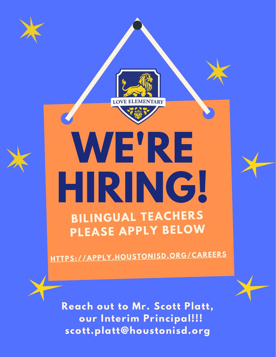 We're looking for 3 bilingual teachers to fill two 4th grade positions and one 5th grade position at lovely Love Elementary: a fantastic little neighborhood school in the Houston Heights! 🦁 💙 🦁 💛 @DraESVillanueva @HISDCentral @ScottPlatt1 @LoveAsstPrncpl