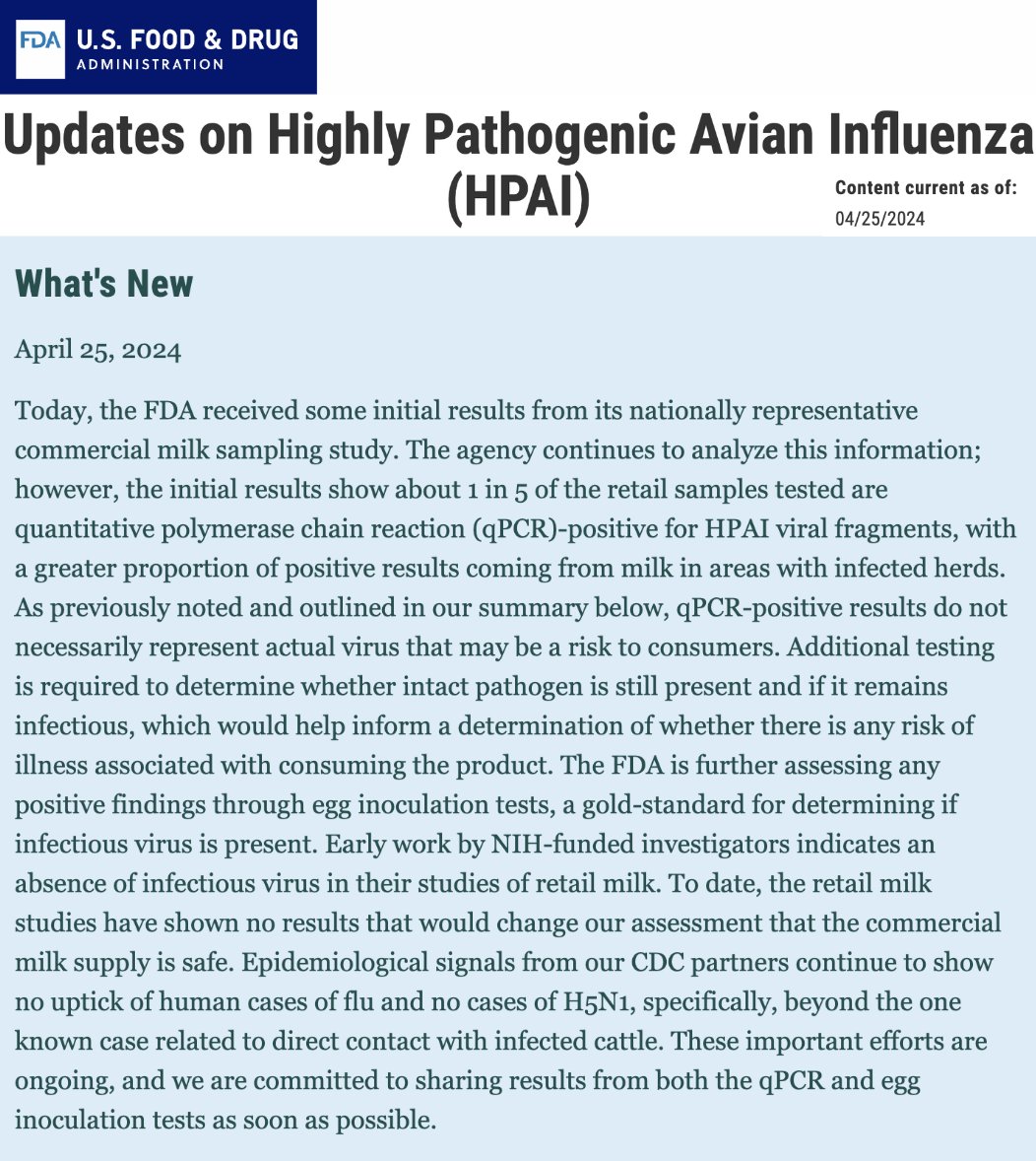 BREAKING - @US_FDA found H5N1 Bird Flu fragments in 1 in 5 retail samples of milk across the US. Public health officials are saying further investigation is needed to determine if some samples contain live, infectious virus. We will be closely following this development.