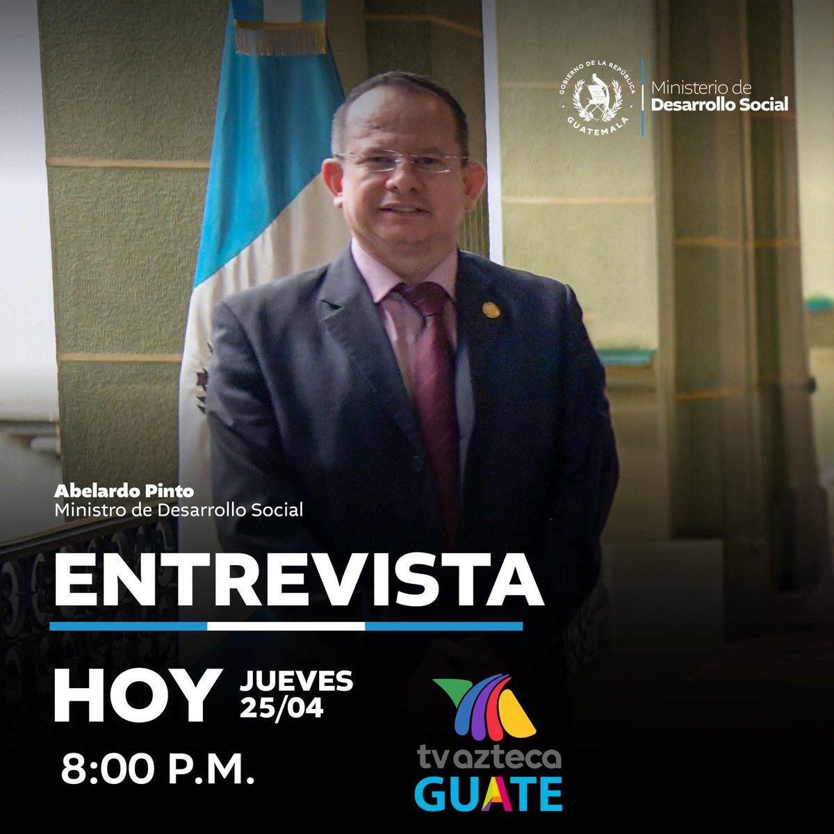 El ministro del @midesgt, Abelardo Pinto, estará en entrevista para ampliar información de las denuncias que presentó sobre anomalías en la ejecución de proyectos de esta institución. 💬 📺 Sintonízala hoy a las 8:00 PM por @AztecaGuate.