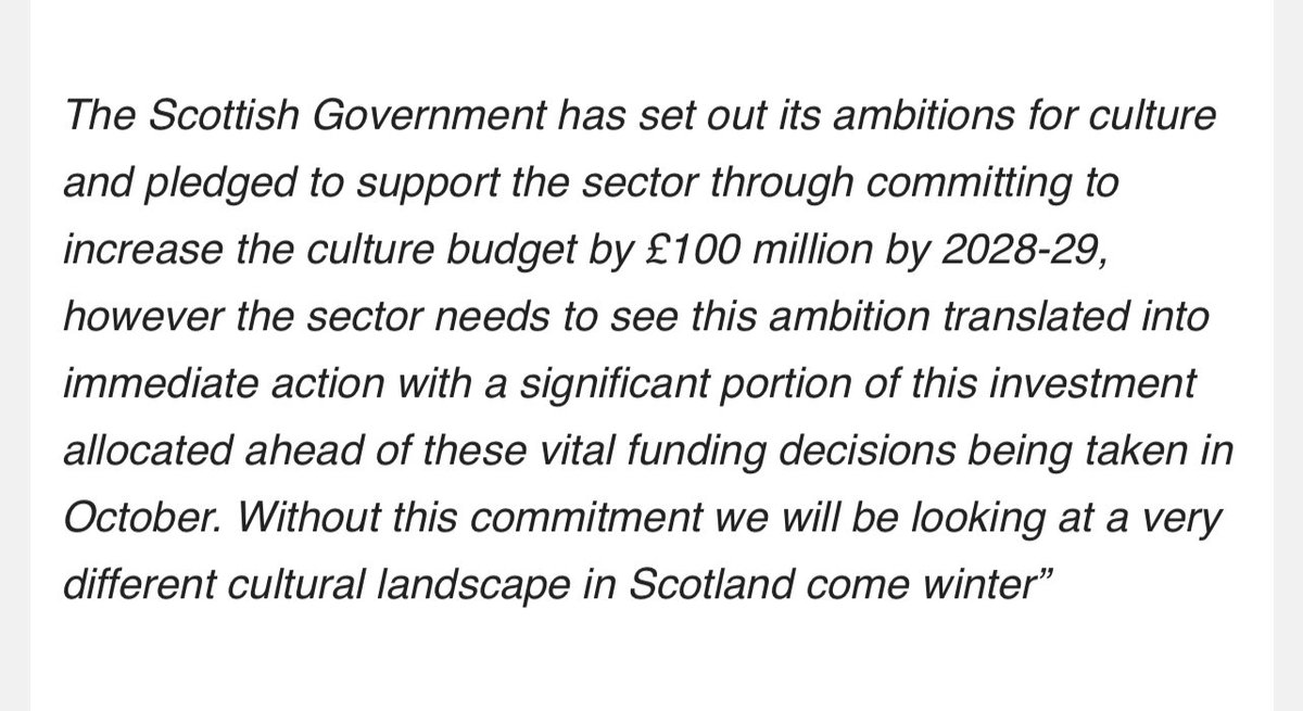 A stark warning from the Scottish arts industry group @culturecounts on the need for urgent action within the next few months to avoid a culture catastrophe in the autumn.