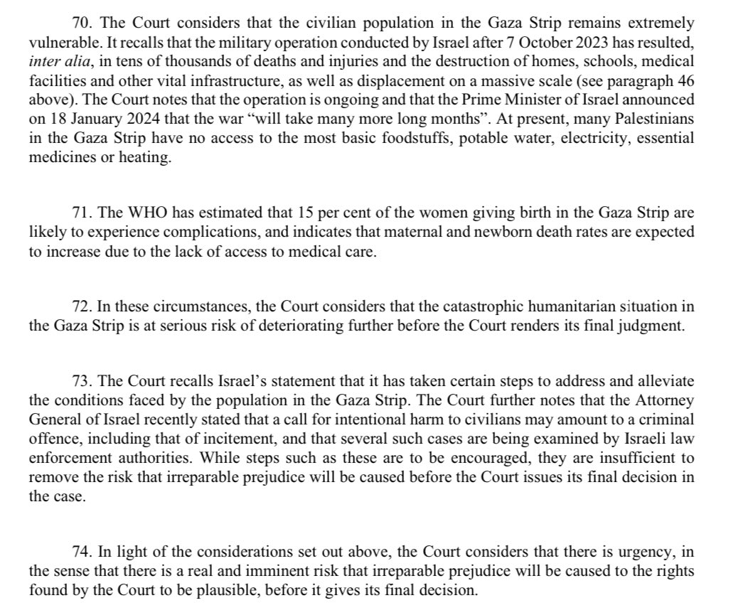 “The Court decided that the Palestinians had a plausible right to be protected from genocide […] it did emphasise in the order that there was a ‘risk’ of irreparable harm to the Palestinian ‘right’ to be protected from genocide”. Why was there a risk? Read paras 70-74 of PM1.