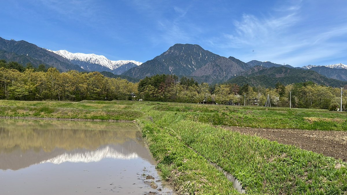 北アルプス定点観測
4月26日金曜日
9:10 安曇野は晴れ
気温14℃
雲量6 巻雲
北アルプスの残雪が田植え前の水田に写りました。