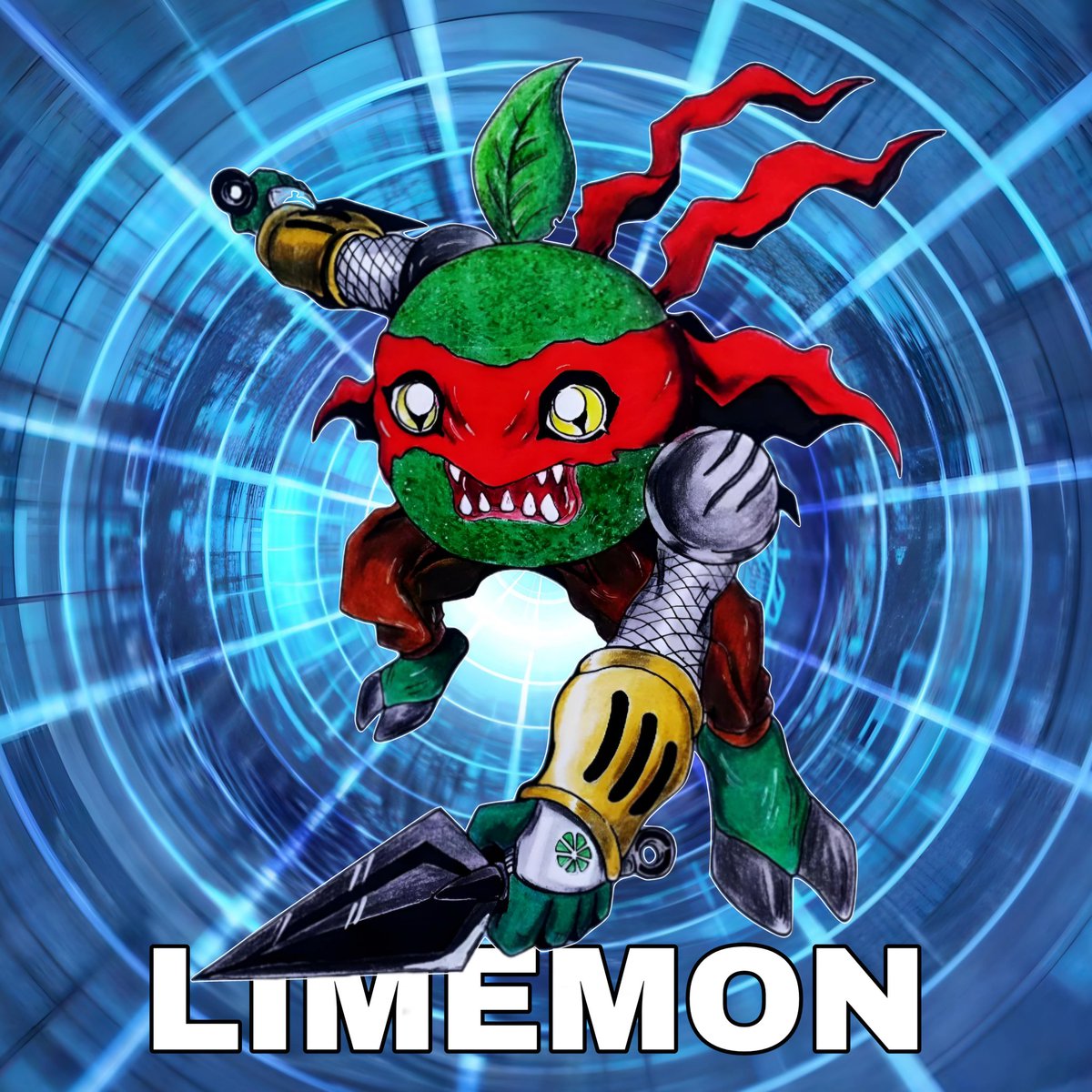 axl_hariadi's tweet photo. LIMEMON is a fruit ninja digimon. with a red eye patch and a kunai as a weapon. limemon adult level digimon with agile movement abilities. #DigimonLiberator #digimonfanart #digimon #Digimonart https://t.co/XIOFyMZ134