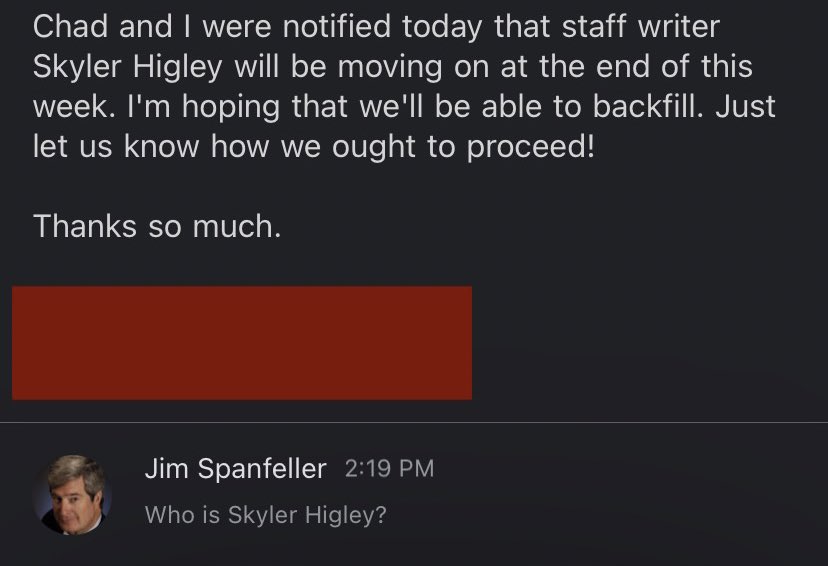 skyler_higley's tweet photo. Excited for @TheOnion to be officially sold and not working for the empty-headed clown of a CEO we had to work under. Here’s the reply he sent when he was told that I was leaving for a new job: https://t.co/DJFbLcX9Vw