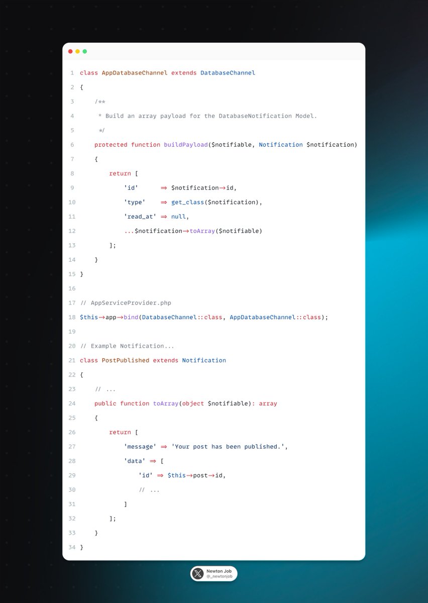 💡Ever wanted to control what/how database notification fields are inserted into the database?

Extend the default DatabaseChannel, override the `buildPayload()` method, then, bind your version to the container.👌

#Laravel