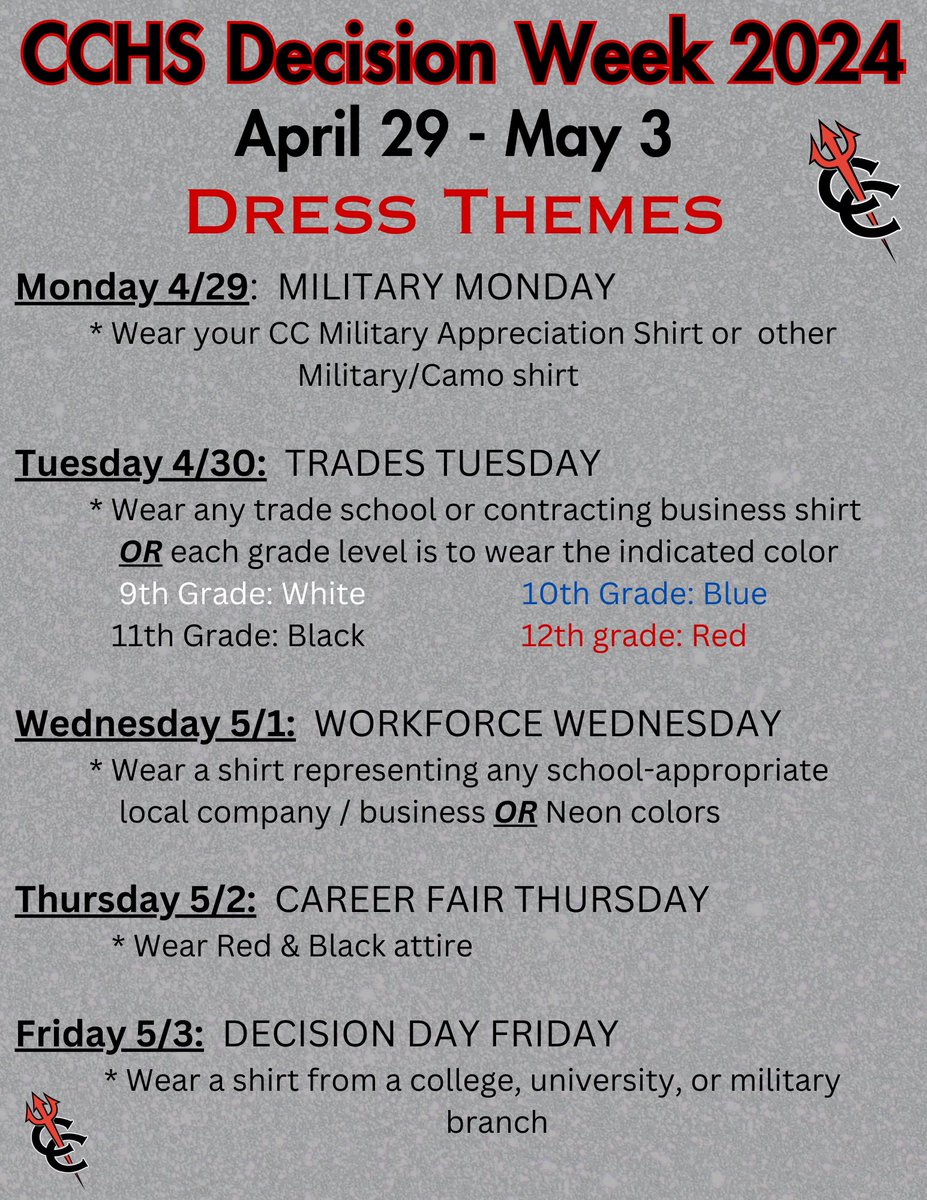 Next week is CCHS Decision Week.  A different theme has been designated for each day as we prepare to recognize the Class of 2024’s future plans on Friday.  We hope to see everyone participating in next week’s themes!  #WeAreCC ❤️🖤❤️🖤