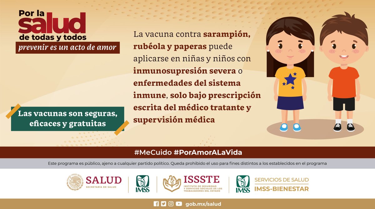 ¡Protege a tus hijas e hijos vacunándolos!💉 Llévalos a cualquiera de los Centros de Salud dispuestos en las 32 entidades del país🏥 Las vacunas son seguras, eficaces y gratuitas #PrevenirEsUnActoDeAmor #MeCuido #PorAmorALaVida