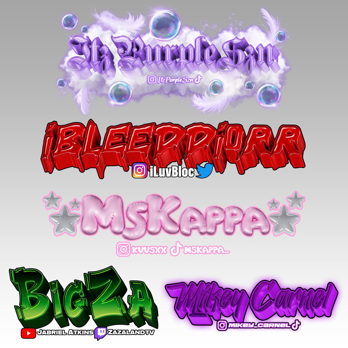 graphicsbykay's tweet photo. A few logos l've done recently for streamers/ content creators on different streaming platforms. Join my discord to see more! 

https://t.co/jhE6hR9WHY

Created in Blender &amp; Photoshop https://t.co/JUz1hacINy