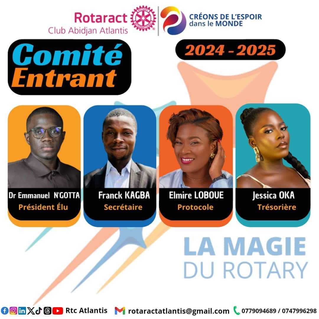Nous sommes ravis de vous présenter le comité entrant du Rotaract Abidjan Atlantis. 

Président élu: Dr Emmanuel N'GOTTA 

Secrétaire : Franck KAGBA 

Protocole: Elmire LOBOUE 

Trésorière : Jessica OKA 

Nous leur souhait le plein succès pour le mandat 2024-2025.