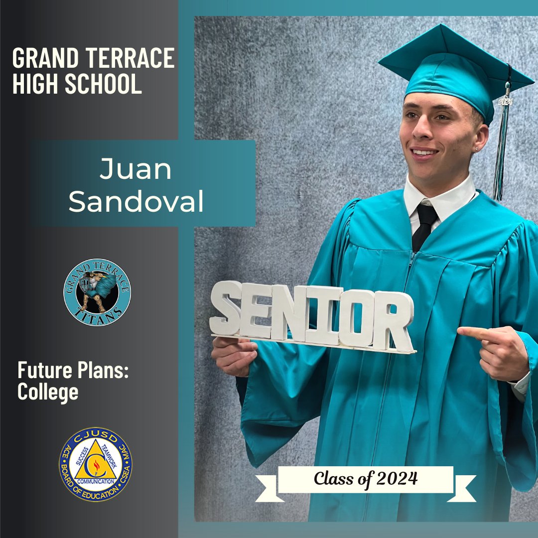 Congrats to Grand Terrace High School 🎓senior Juan Sandoval, who plans to attend college! We wish you all the best! #CJUSDCares #GTHS #GrandTerraceHighSchool ⚡️⚡️🎉
Seniors, to be featured in our #CJUSD Class of 2024 Spotlight, fill out the form at bit.ly/CJUSDsenior2024