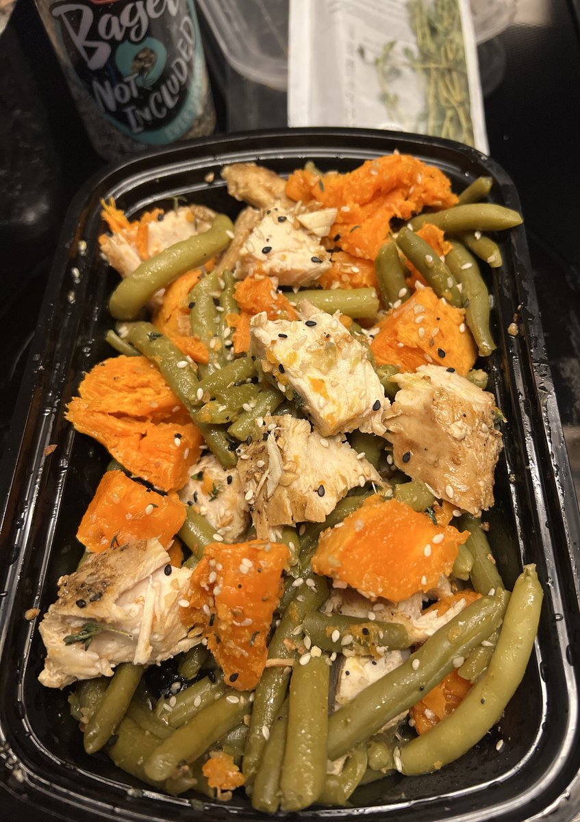 Realistic week night dinner. 1 grilled chicken breast 1 small sweet potato 1 can of green beans 1 tbsp butter Everything but the bagel seasoning Pinch of fresh Thyme
