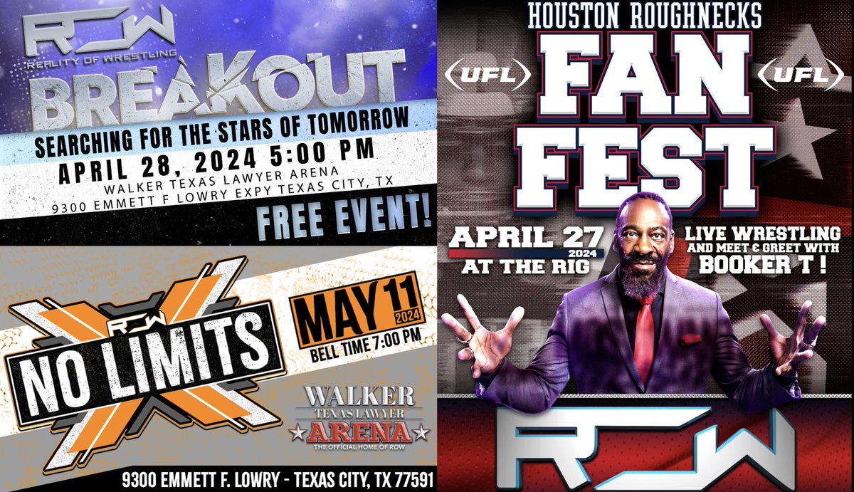 TheOfficialROW's tweet photo. ‼️ UPCOMING EVENTS ‼️

Saturday, April 27th at #RiceStadium for the @TheUFL @XFLRoughnecks Fan Fest [Free Entry] starting at 4:00pm 

Sunday, April 28th at the Walker Texas Lawyer Arena for #Breakout [Free Entry] starting at 5pm

Saturday, May 11th at the Walker Texas Lawyer Arena for #NoLimits TV Taping starting at 7pm. 

LET’S GOOO!!!