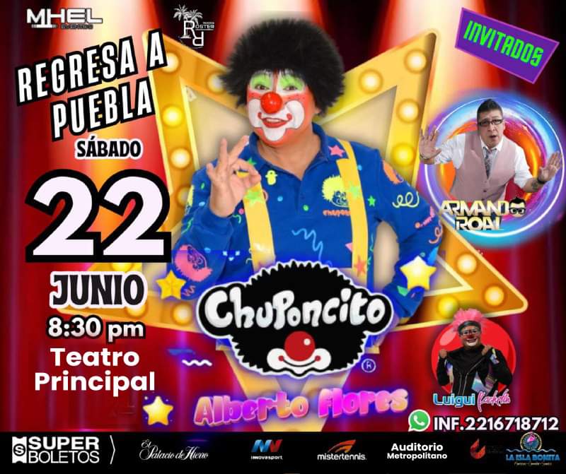 🤣 ¡Prepárate para reír a carcajadas! 🌟 Chuponcito regresa a Puebla este 22 de junio al #TeatroPrincipalPuebla a las 8:30 pm. ¡Adquiere tus boletos ya en taquilla y en superboletos.com! 🎟️