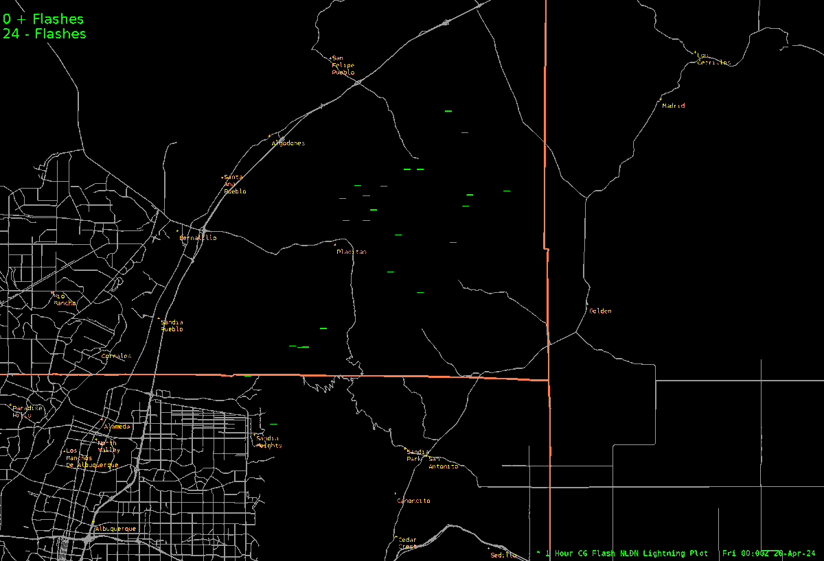 Dry Lightning Alert: Approx 24 lightning strikes occurred in the past 30 min from near Sandia Peak to Placitas and the Golden Open Space. This area should be monitored for possible wildfire starts in the next few days. Each green dash in the image is a strike. #nmwx #nmfire