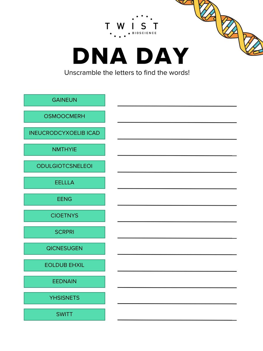 TwistBioscience's tweet image. We couldn’t let #DNADay slip away without a good old fashioned word scramble. 
Try your hand at these mixed-up words that all relate to DNA. 🧬