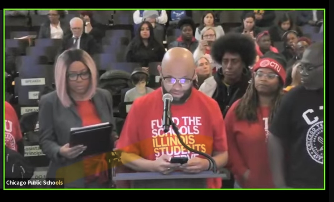 .@CTULocal1 teachers at SE side schools GWHS and Sadlowski ES are speaking to the CBOE to advocate for housing for our unhoused students and improved REACH evaluation for Prek teachers