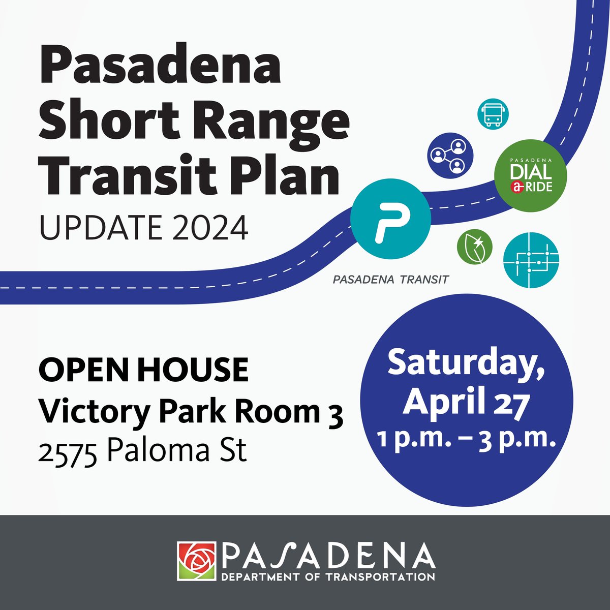 Join us this Sat. April 27 to learn about our Short Range Transit Plan update & provide feedback on public transit services. The meeting will be from 1 p.m. - 3 p.m. at Victory Park Community Center Rm 3 at 2575 Paloma Street. For more info. visit bit.ly/PasadenaSRTP.