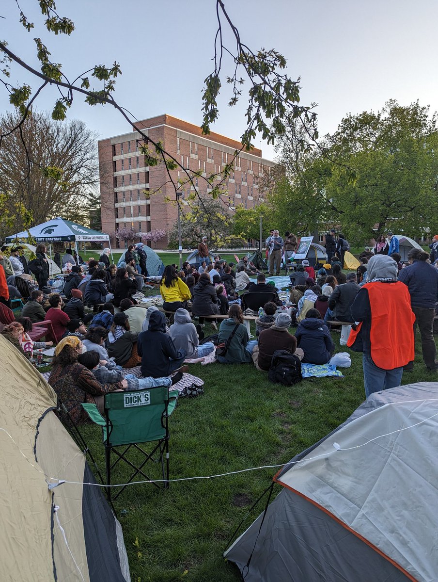 Student organizers faced down initial attempts by university police to disperse the camp. The administration then granted express permission to remain through Sunday. Teach-in happening now with over 100 in attendance!