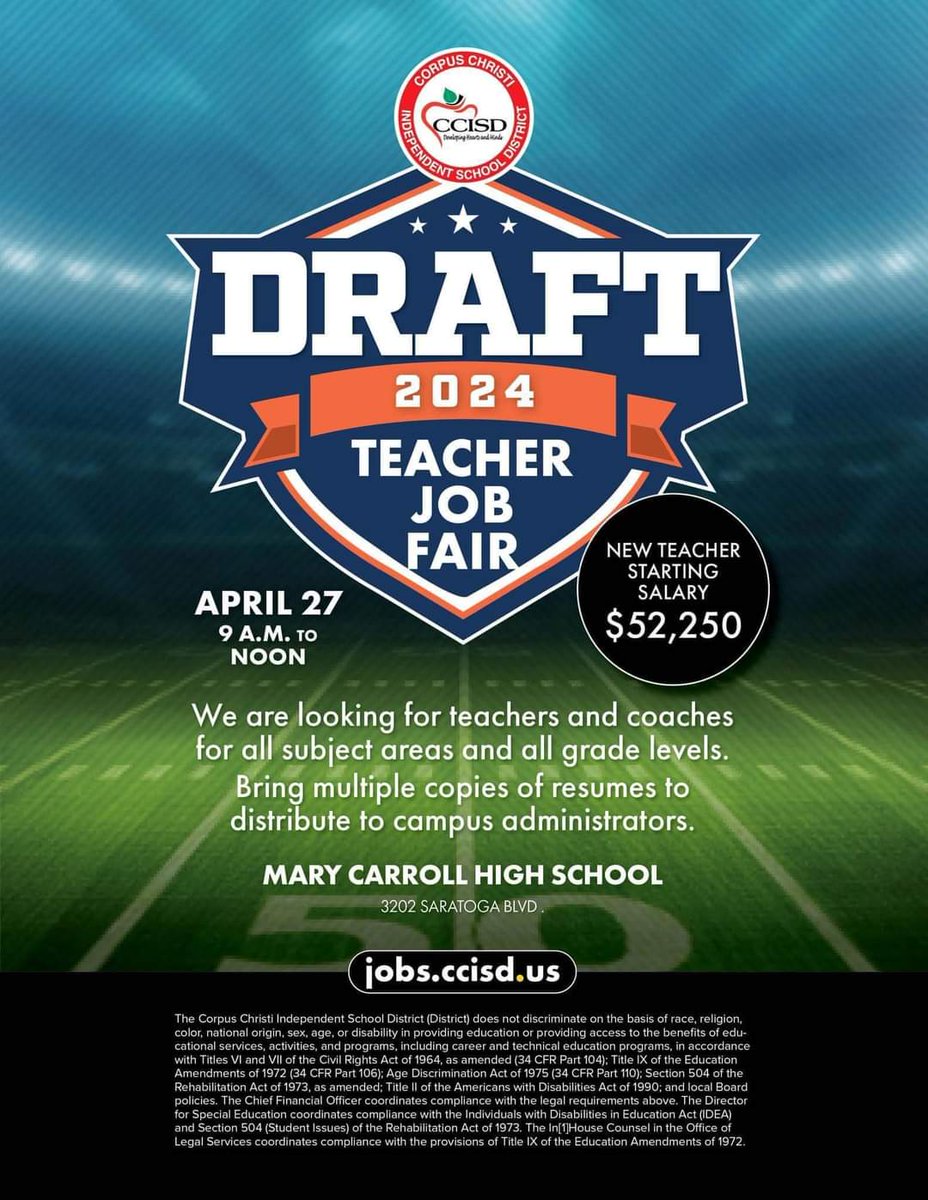 As of today Garcia Elementary is looking for one certified Special Education Inclusion Teacher. If you know of any possible applicants have them come by the @CCISD Teacher Job Fair this Saturday, April 27th from 9 AM to Noon at the new Mary Carroll High School. @CcisdHr