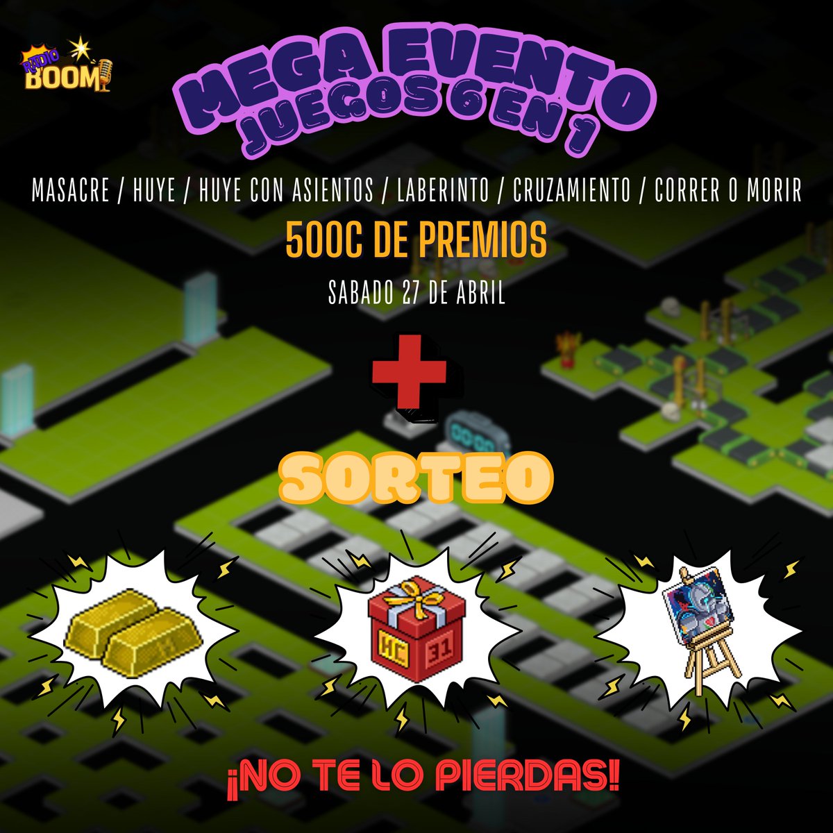 💥Radioboomhb.com te invita al MEGA EVENTO DE JUEGOS 6 EN 1🤪Este Sábado ¡No te lo puedes perder! Tenemos 500C DE PREMIOS❤️

Además, tenemos SORTEO💣
🥇1L
🥈HC
🥉Raro Lienzo El Robot Gimiente

REQUISITOS:
- Dar RT Y FAV
- Etiquetar a 1 amig@ 

Suerte!🍀 Finaliza el 28/04