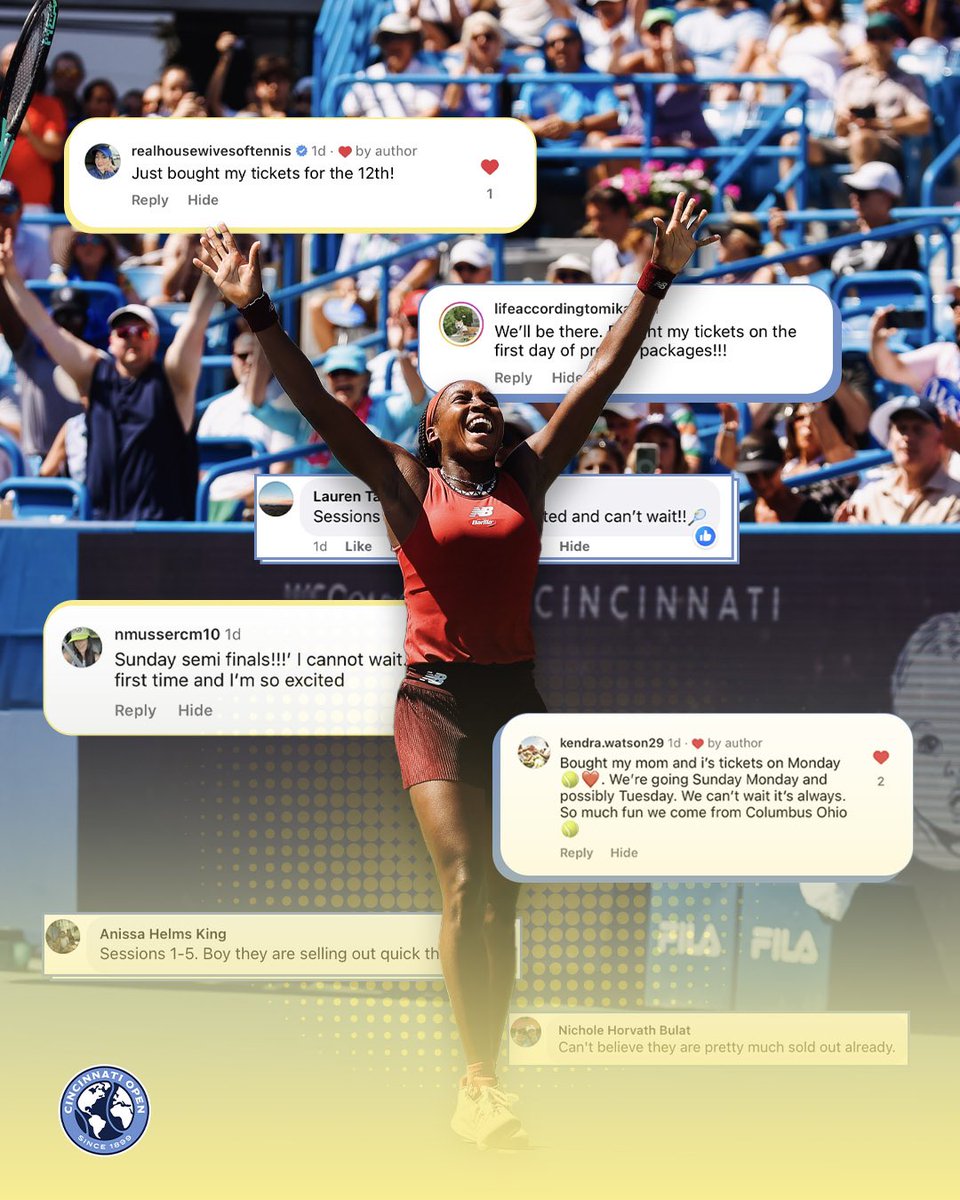 The buzz around the tournament is real and tickets have been going fast! 

We’re grateful for the support and excitement and we can’t wait to celebrate 125 years of #CincyTennis in August.

Come join us in the summer and get your tickets while you can at cincinnatiopen.com/tickets/single…