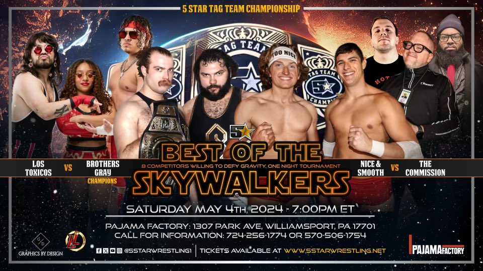 🚨 Match Announcement🚨 Tag team fatal four way for 5 star tag team championship! (C) The Brother Grays vs Nice n Smooth vs The Commission vs The Los Toxicos Tickets are now at 5starwrestling.net or by calling 570-506-1754